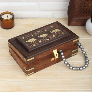 Lucky Elephant Wood Inlay Jewelry Box and Elephants Beautiful Treasure Chest Box
